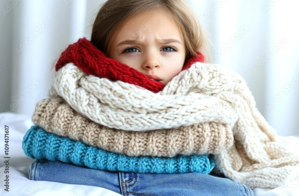 Neatly Stacked Clothes on White Surface with Knitted Sweaters and Jeans Neatly Stacked Clothes on White Surface with Knitted Sweaters and Jeans