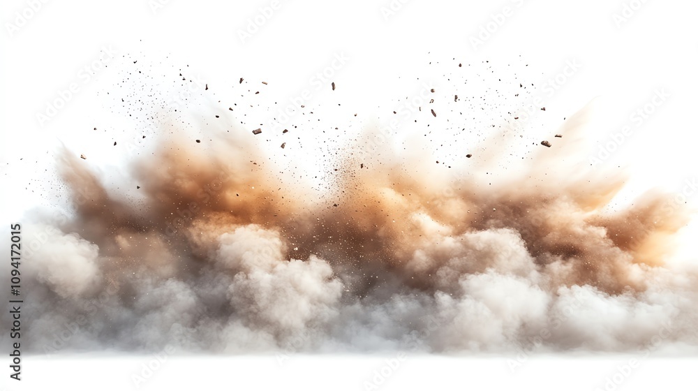 A large cloud of dust and debris explodes outwards from a central point. A large cloud of dust and debris explodes outwards from a central point.