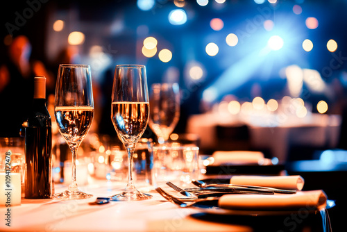 Glamorous Gala Dinner: Sparkling champagne flutes take center stage at an elegant dinner event, bathed in the warm glow of candlelight and the vibrant ambiance of a celebratory gathering.  