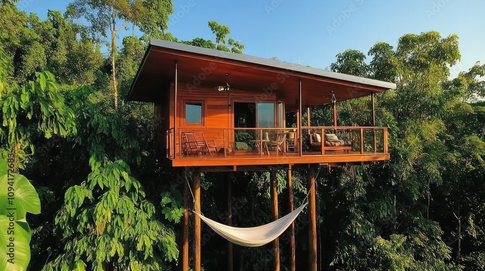 A treehouse perched in lush greenery, offering a serene retreat with a hammock. A treehouse perched in lush greenery, offering a serene retreat with a hammock.