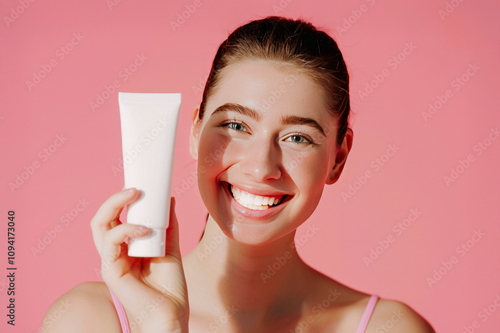 Radiant Skin, Radiant Smile: A youthful woman beams with confidence, holding a white tube of skincare product against a vibrant pink backdrop. Radiant Skin, Radiant Smile: A youthful woman beams with confidence, holding a white tube of skincare product against a vibrant pink backdrop.