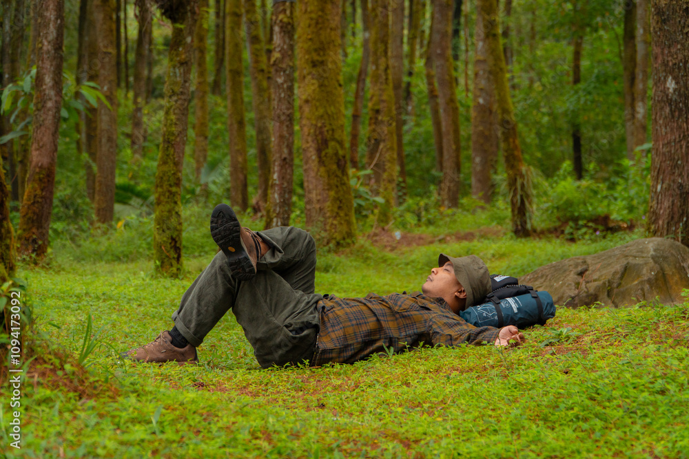 An adventurer was lying on the green grass in a beautiful and quiet pine forest area. Male travelers enjoy the serenity of the wilderness by lying down on the green grass in the pine forest An adventurer was lying on the green grass in a beautiful and quiet pine forest area. Male travelers enjoy the serenity of the wilderness by lying down on the green grass in the pine forest