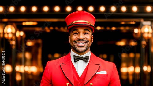 A Welcoming Smile: A friendly and professional hotel doorman in a classic red uniform greets guests with a warm smile and a welcoming presence.