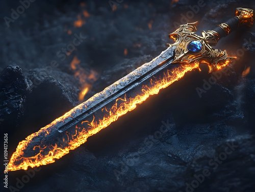 A majestic sword for Tyrfing Fire Force with an obsidian blade glowing crimson runes gold hilt shaped like flames and a blue crystal pommel photo