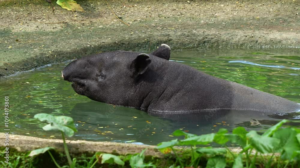 Malayan tapir (Tapirus indicus), relaxes in the pool, bathing and cooling off, close-up shot of an endangered species. Malayan tapir (Tapirus indicus), relaxes in the pool, bathing and cooling off, close-up shot of an endangered species.