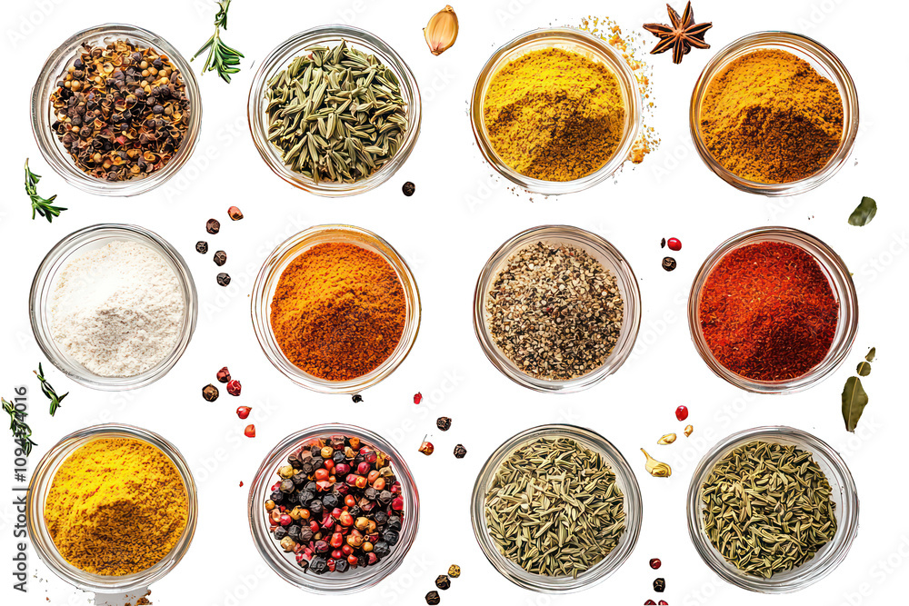 Vibrant top-down display of mixed spices on a white background. Vibrant top-down display of mixed spices on a white background.