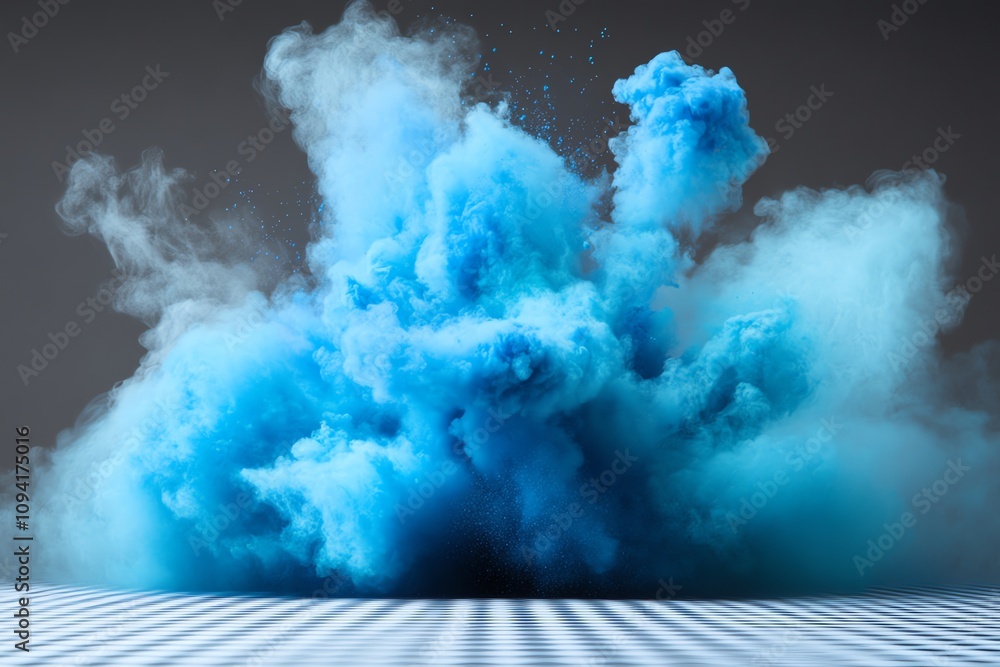 A large, blue, abstract cloud of smoke explodes on a grey and white striped background. A large, blue, abstract cloud of smoke explodes on a grey and white striped background.