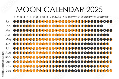 2025 Moon calendar. Astrological calendar design. planner. Place for stickers. Month cycle planner mockup. Isolated black and white background.