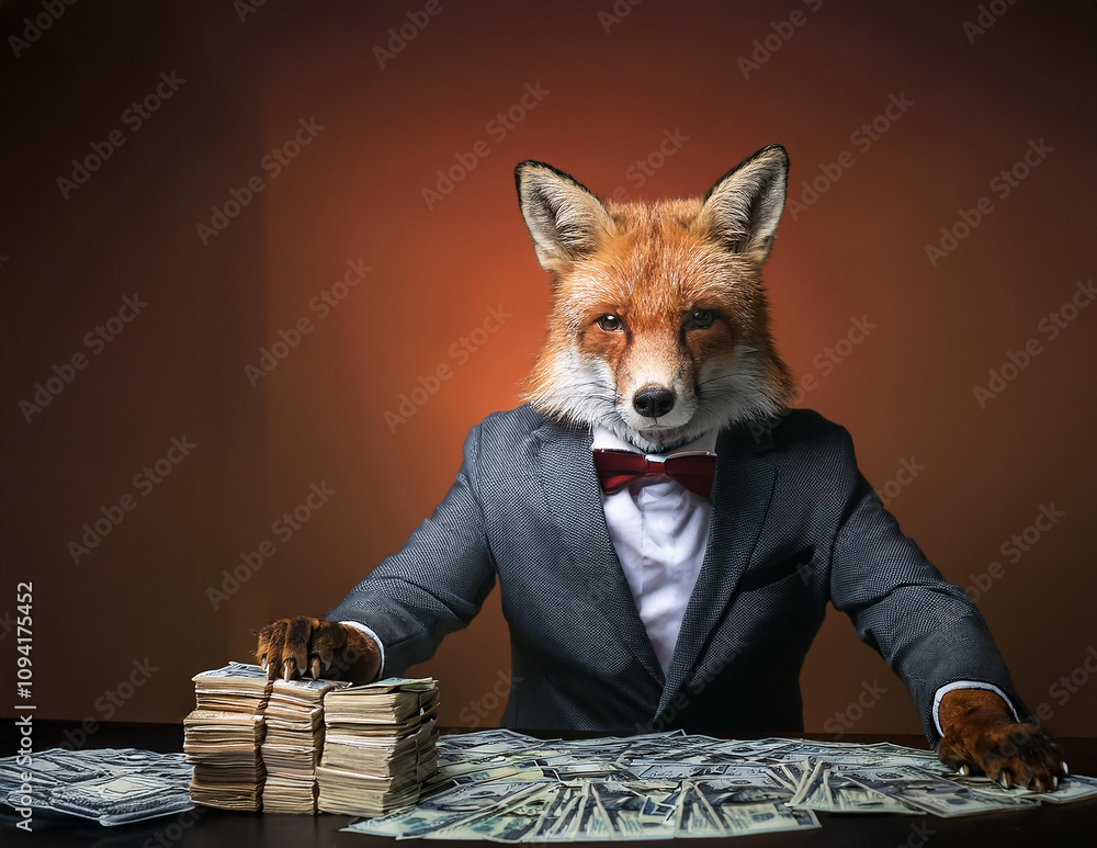 Ein Fuchs im Anzug zählt sein Geld