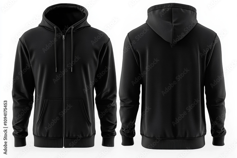 Black Zip-up Hoodie Front and Back View Isolated on White Background for Design Mockup Black Zip-up Hoodie Front and Back View Isolated on White Background for Design Mockup