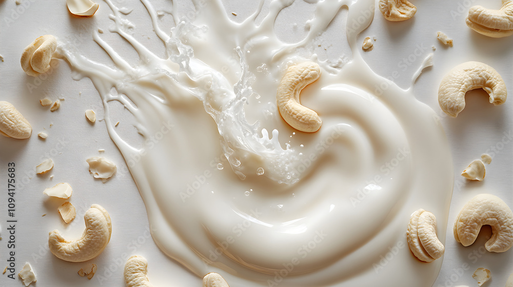 Creamy Cashew Milk Splash with Raw Nuts on White Background: Dynamic Food Photography. Creamy Cashew Milk Splash with Raw Nuts on White Background: Dynamic Food Photography.