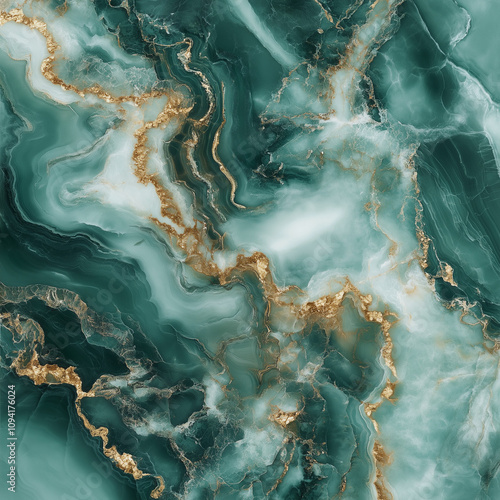 Detailed green marble slab with swirling white and gold veins, glossy and refined texture