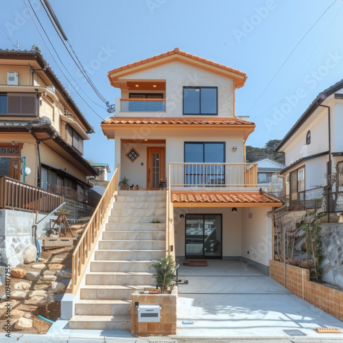 Bright Mediterranean-style house with a terracotta roof and inviting stairway, evoking a cozy feel, Generative AI