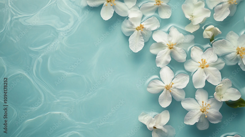 White blossoms on a serene blue water surface create a peaceful and calming atmosphere White blossoms on a serene blue water surface create a peaceful and calming atmosphere