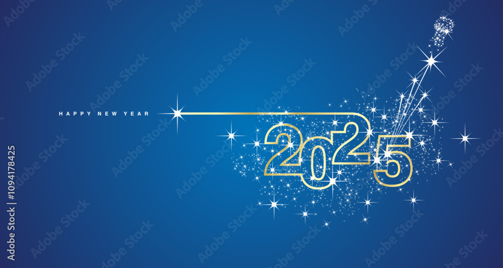 New Year 2025 line design sparkler firework champagne shining golden white blue vector greeting card New Year 2025 line design sparkler firework champagne shining golden white blue vector greeting card
