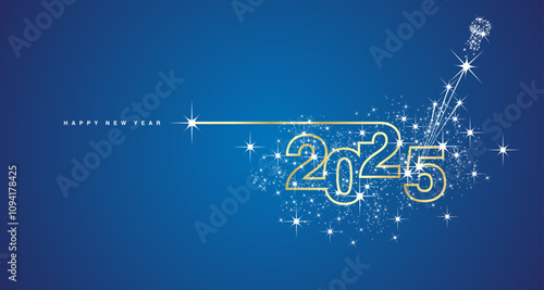 New Year 2025 line design sparkler firework champagne shining golden white blue vector greeting card