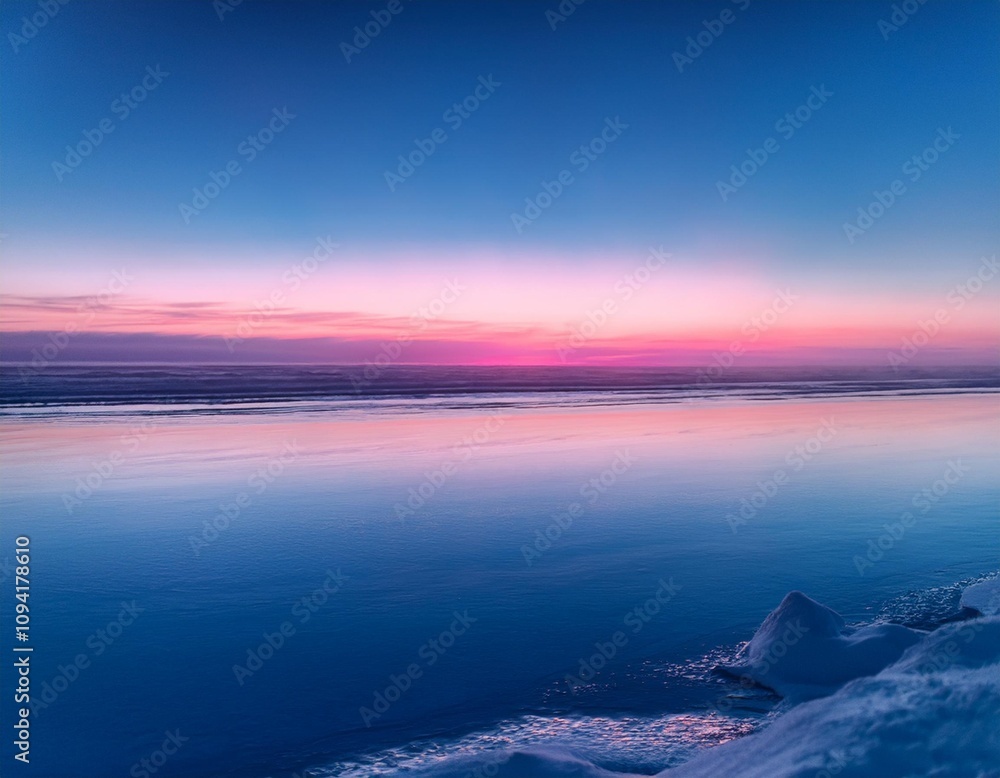 Fototapeta premium A magical winter landscape with a colorful sky and a tranquil frozen lake