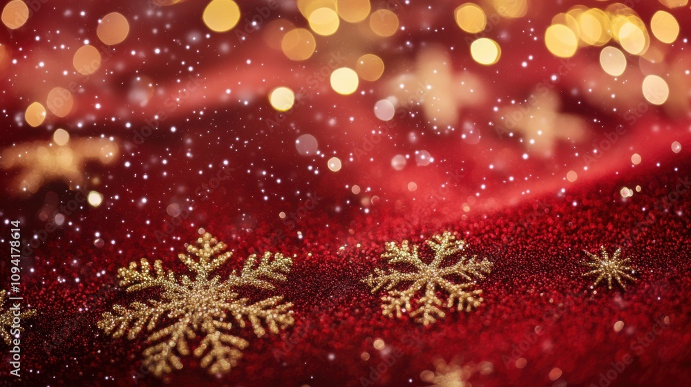 Close-up of golden snowflake on red background Close-up of golden snowflake on red background