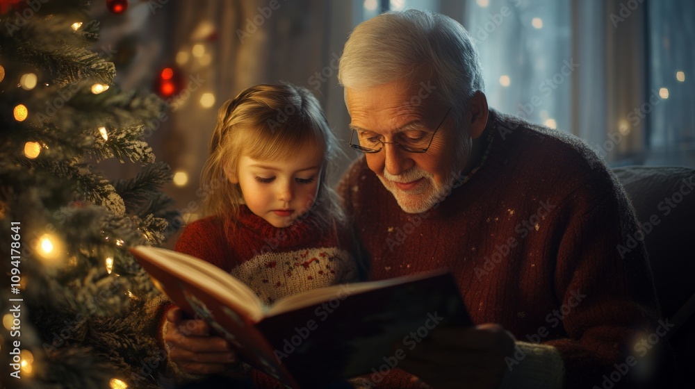 A heartwarming moment of grandparents reading a Christmas story to their grandchildren by the tree, with soft, warm lighting A heartwarming moment of grandparents reading a Christmas story to their grandchildren by the tree, with soft, warm lighting