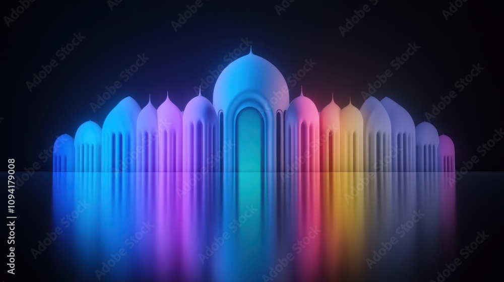 A colorful, 3D rendering of a mosque silhouette with glowing arches and a reflection on the dark background. A colorful, 3D rendering of a mosque silhouette with glowing arches and a reflection on the dark background.