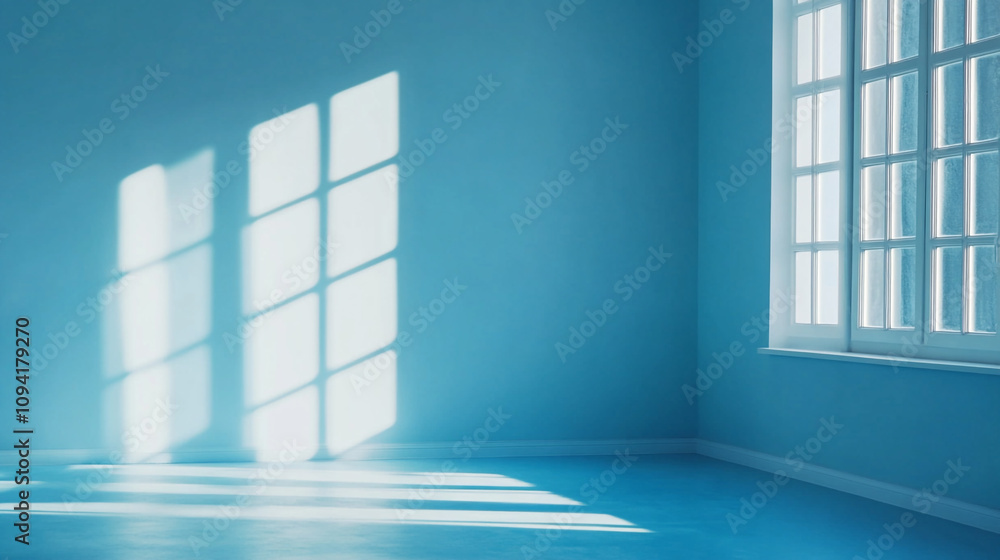 Natural light streaming through windows in a bright blue room creates a serene atmosphere Natural light streaming through windows in a bright blue room creates a serene atmosphere