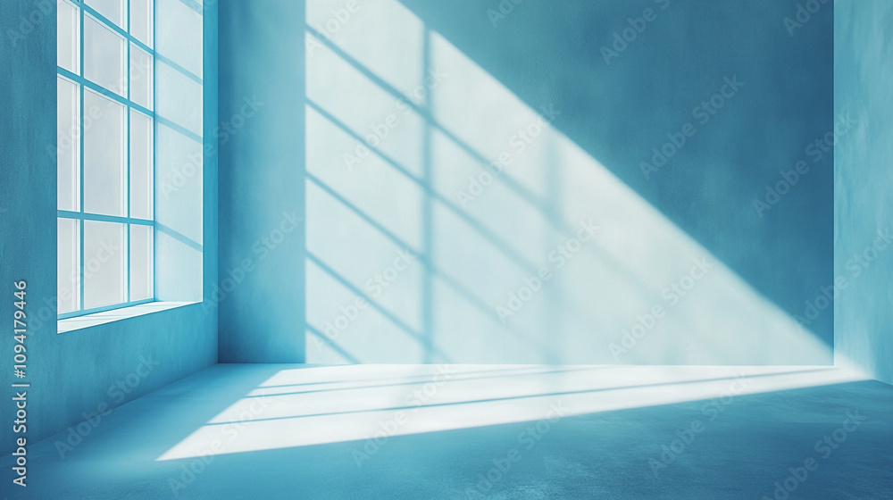 Bright and airy room with blue walls and dramatic shadows from large windows Bright and airy room with blue walls and dramatic shadows from large windows
