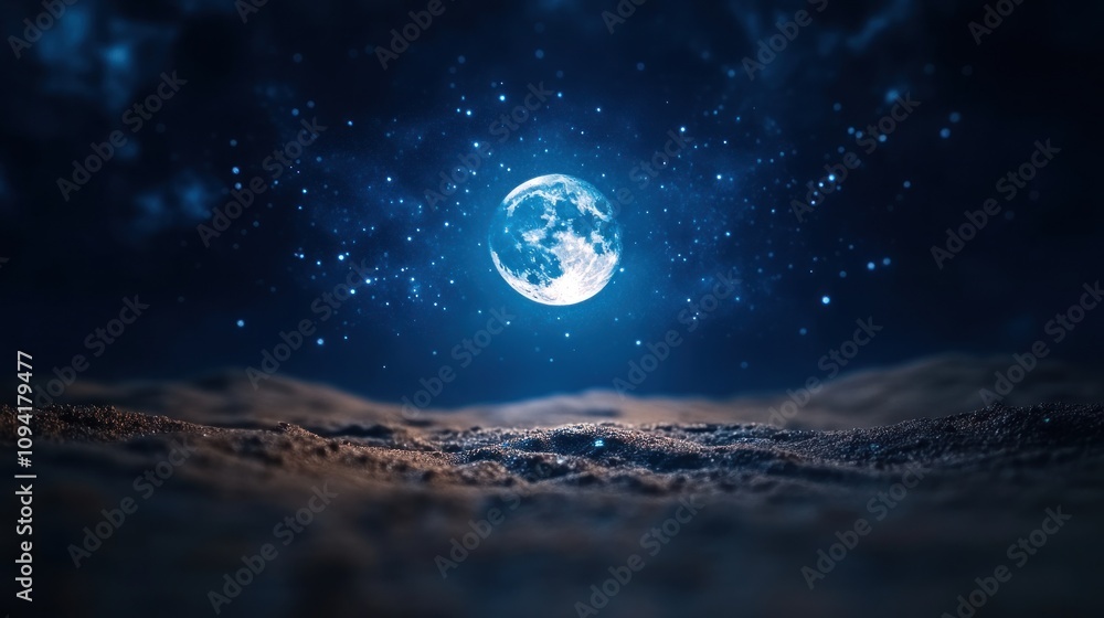 A full moon hangs in a dark night sky above a sandy landscape. A full moon hangs in a dark night sky above a sandy landscape.