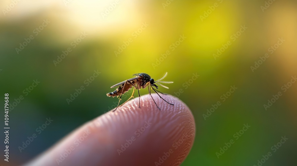 Obraz premium A close-up of a mosquito perched on a human fingertip, highlighting its intricate details.