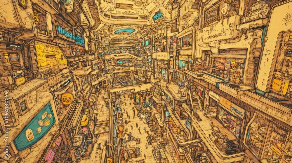 Obraz premium A bustling futuristic marketplace filled with shops and people amidst a complex structure.