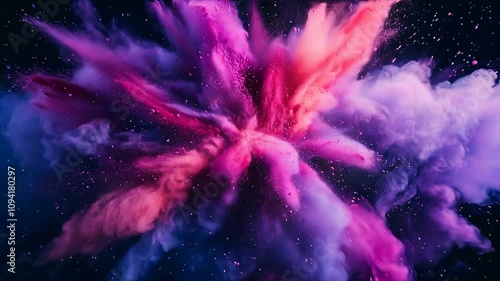 Purple and pink powder explosion in space with stars. Footage for creative project