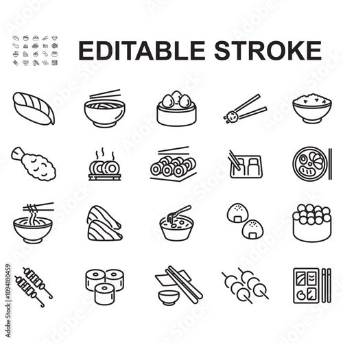 Collection of japanese food icons. Thin line vector, containing icons such as sushi, takoyaki and many more.