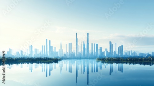 A serene city skyline reflected on water under a clear blue sky, showcasing futuristic skyscrapers and an overall tranquil atmosphere.