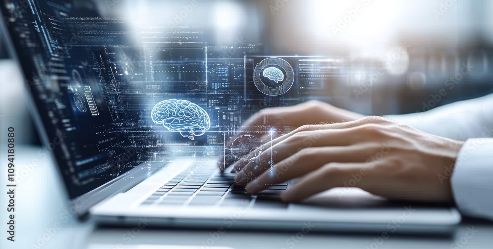 AI Technology for Business Data Analysis Programming and Machine Learning with Digital Brain on Laptop AI Technology for Business Data Analysis Programming and Machine Learning with Digital Brain on Laptop