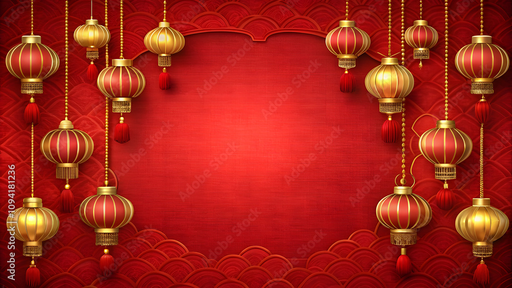 Red Silk with Golden Lantern Decorations. Perfect for: Chinese New Year, Lantern Festival Red Silk with Golden Lantern Decorations. Perfect for: Chinese New Year, Lantern Festival