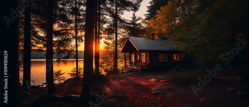 Tiny cabin in the woods, bathed in sunset's warm glow.