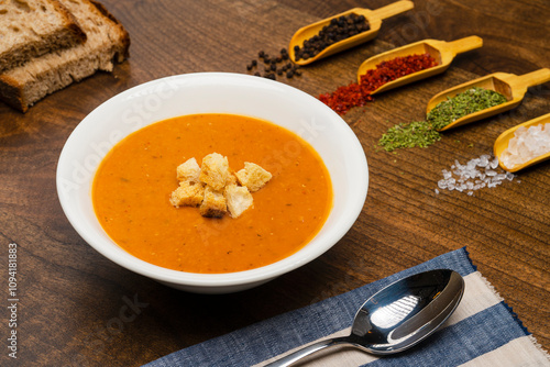 Ezogelin Soup. Turkish cuisine Soup, traditional soup made with red lentils, bulgur and rice. photo