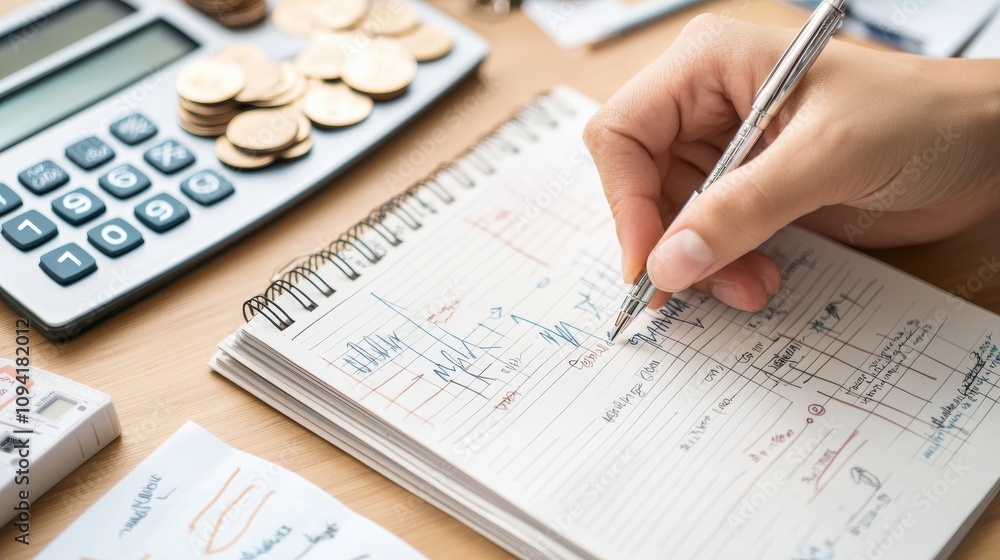 Close-up of hands writing expenses in a branded financial journal, surrounded by crafts like motivational stickers and hand-drawn savings trackers Close-up of hands writing expenses in a branded financial journal, surrounded by crafts like motivational stickers and hand-drawn savings trackers