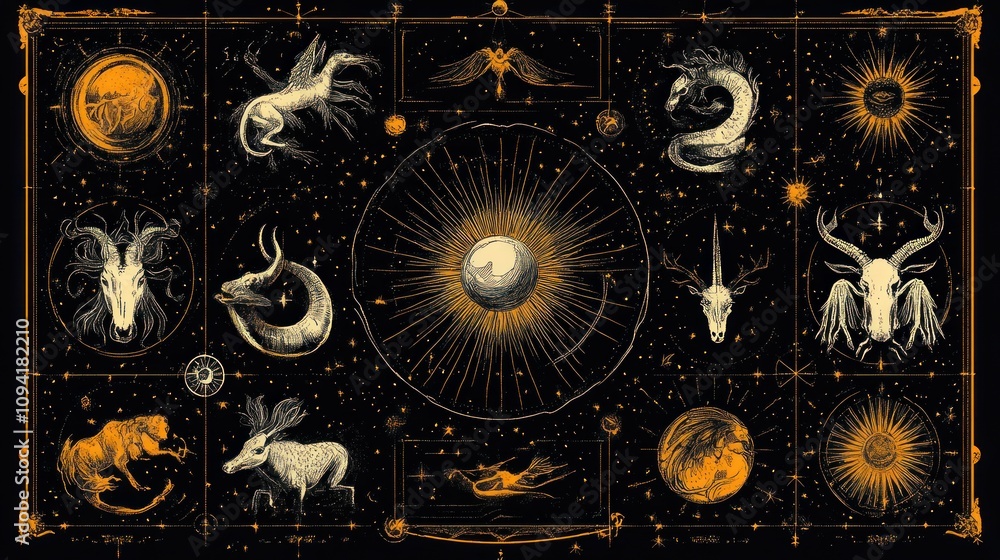 Celestial Creatures Golden Zodiac Chart Of Mythical Beasts Celestial Creatures Golden Zodiac Chart Of Mythical Beasts
