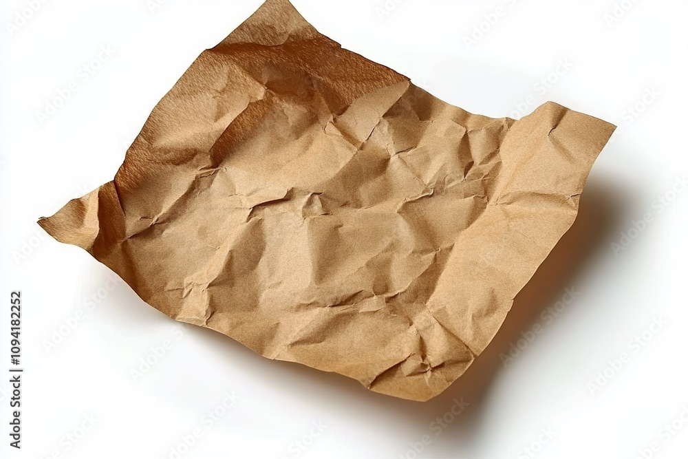 Obraz premium Crumpled Brown Paper Sheet on White Background for Food Presentation and Kitchen Use