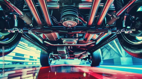Undercarriage of a Classic Car in Neon Light