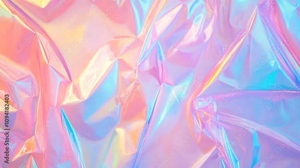 Fototapeta premium A close-up of iridescent crumpled foil creating a colorful, abstract background.
