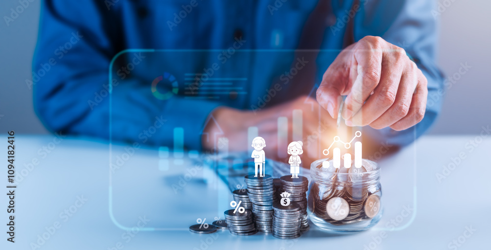 Man adding coins to a jar, symbolizing saving for retirement and financial planning Man adding coins to a jar, symbolizing saving for retirement and financial planning
