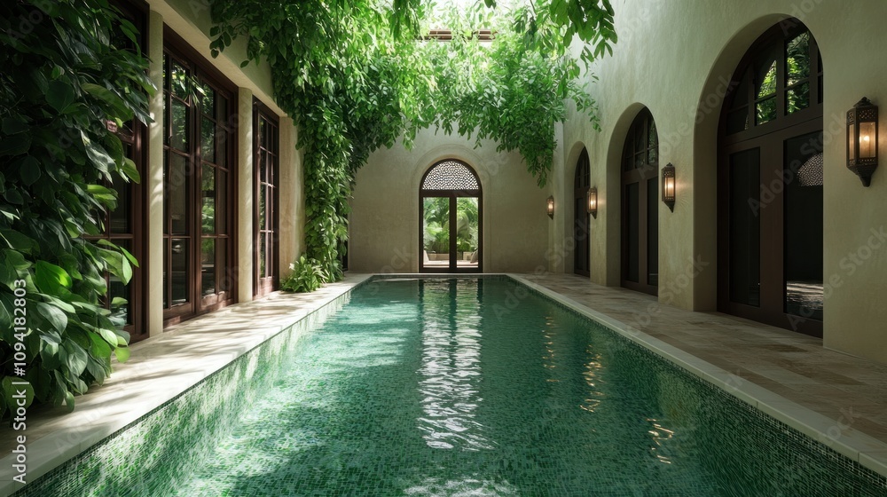 Fototapeta premium A serene indoor swimming pool with a green tiled floor and natural light streaming through the leafy vines above.
