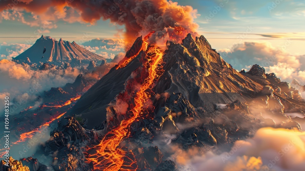 Fototapeta premium Erupting Volcano at Sunset