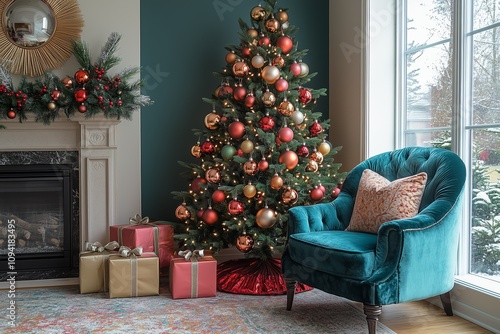 Christmas tree decorated with colourful ornaments stands in the corner of a cozy living room. reds, greens, gold, and pink accents 