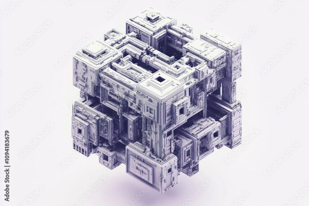 Abstract 3D rendering of a complex, white, cube-shaped structure with intricate internal mechanisms and piping. Abstract 3D rendering of a complex, white, cube-shaped structure with intricate internal mechanisms and piping.