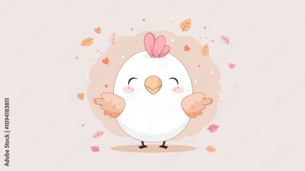 Cute Cartoon Bird with Autumn Leaves and Hearts Cute Cartoon Bird with Autumn Leaves and Hearts