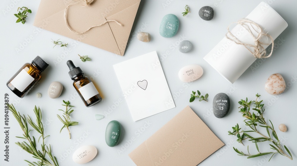 A flat lay featuring self-care essentials: essential oils, branded affirmation cards, and crafts like hand-painted stones with positive messages, A flat lay featuring self-care essentials: essential oils, branded affirmation cards, and crafts like hand-painted stones with positive messages,