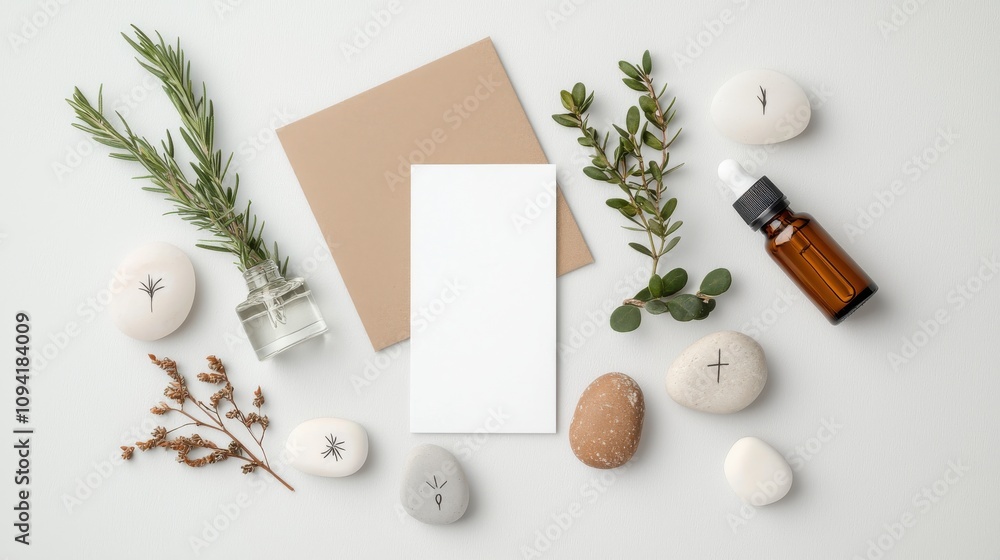 A flat lay featuring self-care essentials: essential oils, branded affirmation cards, and crafts like hand-painted stones with positive messages, A flat lay featuring self-care essentials: essential oils, branded affirmation cards, and crafts like hand-painted stones with positive messages,