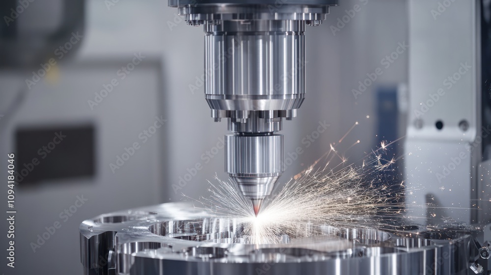 A precision cutting tool machining a metal component, producing sparks. A precision cutting tool machining a metal component, producing sparks.